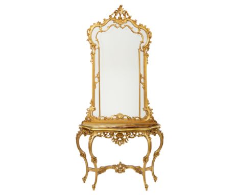 A FRENCH REGENCE-REVIVAL STYLE CONSOLE TABLE WITH PIER MIRROR, 19TH CENTURY19th century regence-revival style giltwoood relie