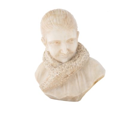 MARBLE BUST OF WOMANof white marble a bust of a woman with short slicked back hair. the woman glaces downwards with a light s