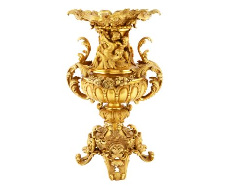 AN IMPRESSIVE FRENCH ORMOLU URN, 19TH CENTURYtwo-handled, of rocaille design, the neck featuring a satyr blowing a horn, two 