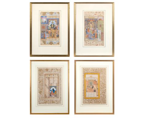 A SET OF FOUR MUGHAL ILLUMINATED MANUSCRIPT FOLIOS SHOWING COURT SCENES BY HAIDAR KASHMIRI, CIRCA 1600each ink and gold leaf 