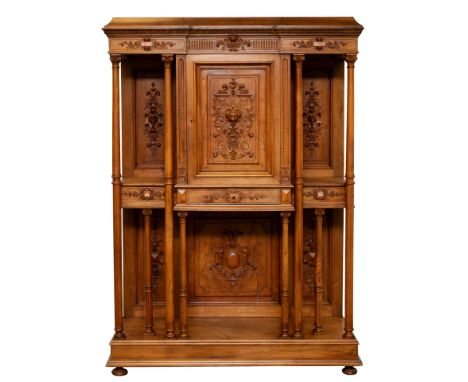 FRENCH RENAISSANCE-REVIVAL CARVED WALNUT MARBLE-INSET-RESERVE DISPLAY WALL CABINET, 19TH CENTURYThe sarcophagus top above a c