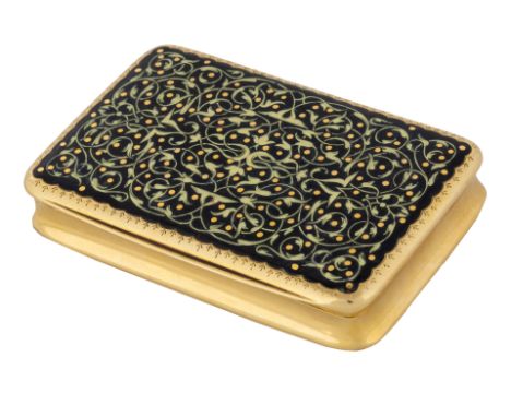 A SWISS OR GERMAN GOLD, SILVER AND ENAMEL SNUFF BOX, 19TH CENTURYcushion-form, the cover with arabesque foliage against a bla