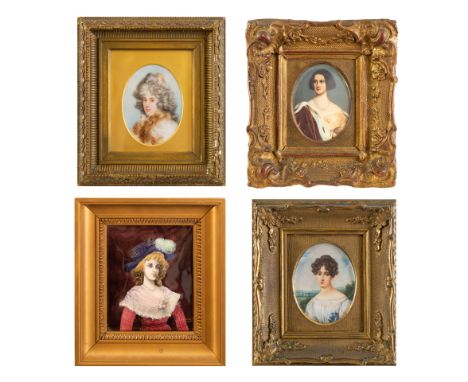 COLLECTION OF FOUR HANDPAINTED PORCELAIN PORTRAIT MINIATUREScomprising:   a) Portrait of  Young Woman holding Bluebells in wh