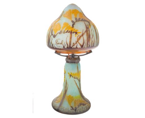 A FRENCH CAMEO GLASS TABLE LAMP, LAVAL, CIRCA 1920Sformed as a mushroom. the cameo glass has a continous daffodil motif along