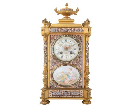 LARGE ORMOLU AND ENAMEL MANTLE CLOCK, MEDAILLE D’ARGENT, PARIS FRANCE, 1855of square form, the mantle clock rests on ball fee