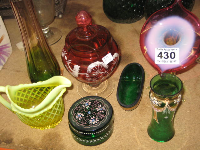 A COLLECTION OF SEVEN PIECES OF GLASS, Mary Gregory style Preserve Pot ...