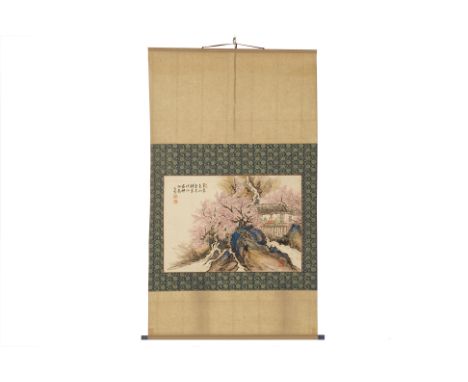 A CHINESE HANGING SCROLL OF FIGURES AND CHERRY BLOSSOM
Ink and watercolour on paper, mounted on hanging scroll
Inscribed and 