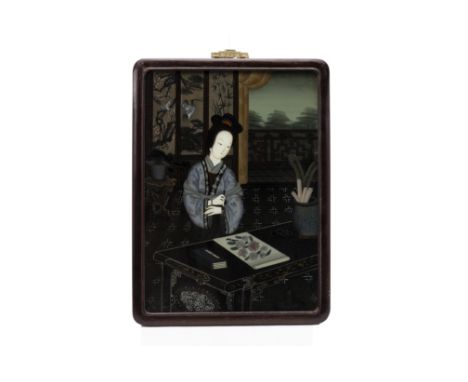 THREE CHINESE REVERSE GLASS PAINTINGS
Depicting three female figures playing musical instruments, calligraphy and painting
53