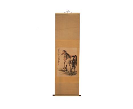 A CHINESE HANGING SCROLL OF HORSES
Ink and watercolour on paper, inscribed and with artist's seals.
66cm x 45cm
Condition: Si