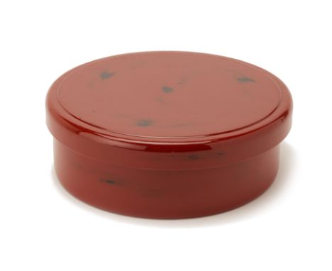 A RED LACQUER CIRCULAR BOX AND COVER
Orange/red exterior with black speckled interior; together with a rectangular wooden box