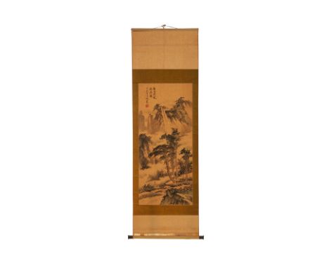 A CHINESE SCROLL OF A FIGURE IN A MOUNTAINOUS LANDSCAPE
Ink and watercolour on paper, mounted on hanging scroll
Inscribed and