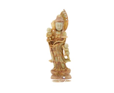 A CARVED HARDSTONE/JADE FIGURE OF GUANYIN
With associated box
43cm high
Condition: Considerable damage, viewing is advised