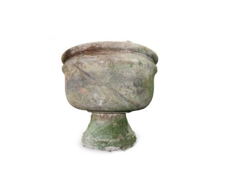 A GARDEN PEDESTAL URN
Circular in form, mossy exterior, basin top separates from the base
57cm high x 65cm diameter
Condition