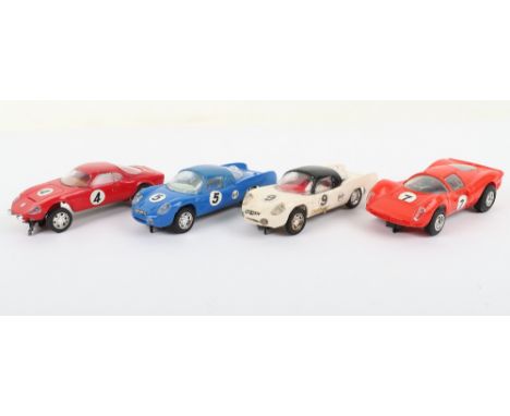 Four Scalextric Slot Cars, C2 Matra Jet, red body, tan interior, with driver, C1/C13 Alpine Renault, blue body, white interio
