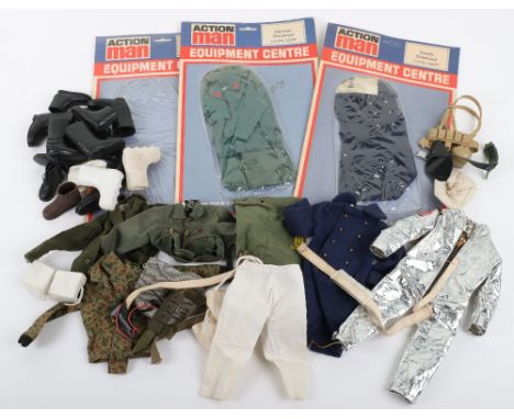 Quantity of  Vintage Action Man Outfits, Boots and Equipment, including: carded French Greatcoat, German Greatcoat, both open