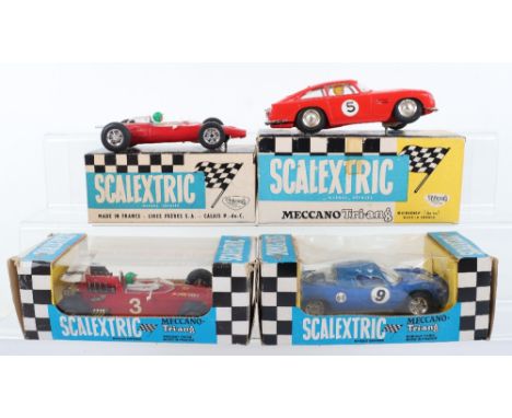 Four  French Vintage Boxed Scalextric Slot Cars, C9 Ferrari G.P. F1 car, red body, with white rear fairing, C13 Super competi