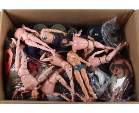 A Quantity of Playworn Action man dolls, clothes and Accessories including: nine flicked hair gripping hands dolls, part unif