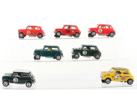 Seven Vintage Scalextric Hornby Hobbies Rally Mini Cooper Slot Cars, red body, chequered roof, yellow body, chequered roof, g