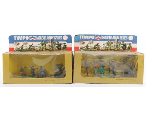 Two Timpo Modern Army Sets, window display boxes, American Bazooka Team, with British Infantry figure, field gun, German Sold