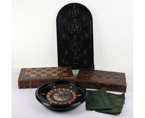 A Vintage Roulette Wheel Mudie &amp; Sons Ltd, two Jaques London No 3 The Hatton Cloth mats,  two vintage Backgammon and Sets