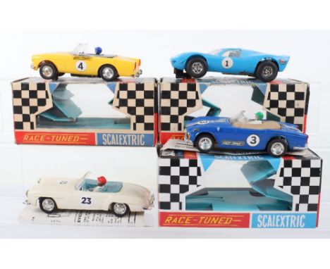 Four Vintage Scalextric Cars, boxed C15 Ford Mirage, blue body, C83 race tuned Sunbeam tiger, models are in good to excellent