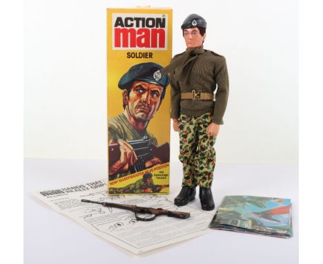 Boxed Original Palitoy Action Man Soldier, circa 1980, Cat. No. 34032 eagle eyed, gripping hands, doll, with beret, jersey, c