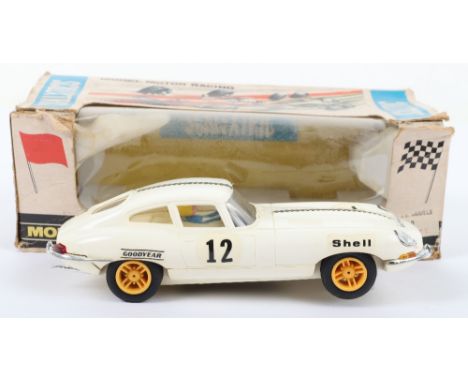 Scalextric C/34  ‘E’ Type Jaguar, white body, cream interior, chequered decal, with driver, yellow spoked wheels, in excellen