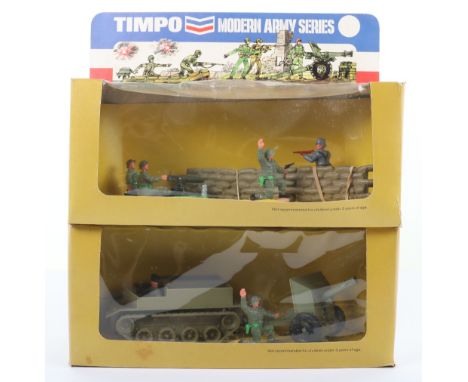 Two Timpo Modern Army Sets, window display boxes, Bren Gun Carrier, plus two man crew, British Infantry figure (missing pisto