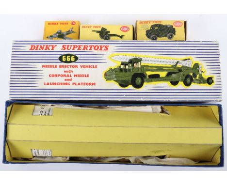 Dinky Toys 666 Missile Erector vehicle with corporal missile and launching platform, white missile, with black fins, black pl