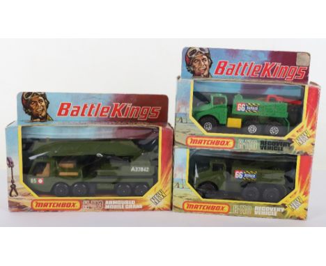 Three Boxed Matchbox Battlekings Cranes,K-110 Recovery Vehicle, military green, grey interior, K-110 Recovery vehicle, metall