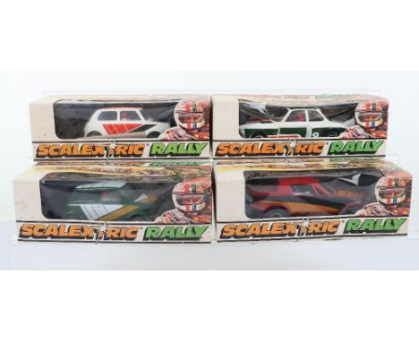 Four Vintage Scalextric Rally Boxed Slot Cars, C.110 Mini Clubman white,C.112 Mini Clubman green, C.114 Triumph TR7 and C116 