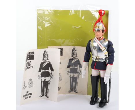 Vintage Palitoy Action Man The Blues and Royals, on brown flocked hair fixed hands doll, tunic, breeches, gauntlets, jackboot