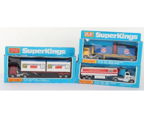 Three Matchbox Superkings, K-16 Petrol Tanker Exxon, white body, K-17 Scammell Container Truck ‘Gentransco’ and K-33  Scammel