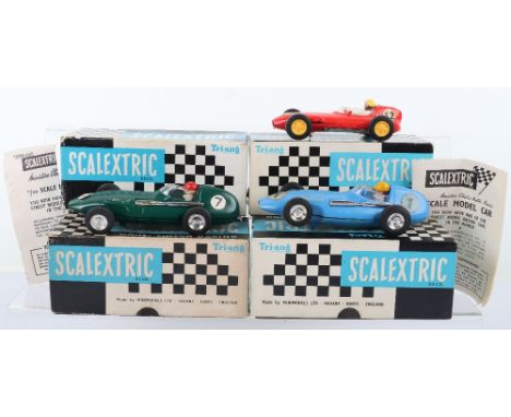 Three Boxed Vintage Scalextric Formula one Slot Cars, C 54 Lotus, red body, correct colour spot on box, with internal packing