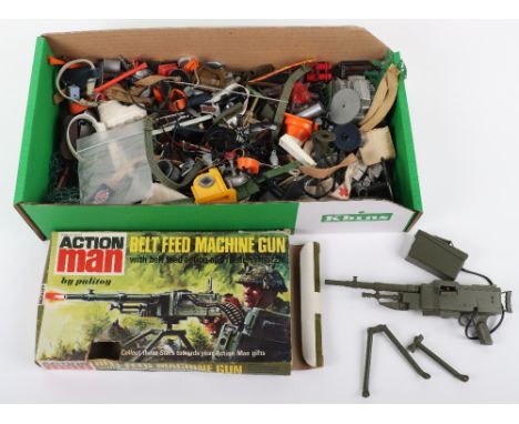 Quantity of  Vintage Action Man Guns/belts and Accessories, including boxed belt feed machine gun, missing sandbags and  batt