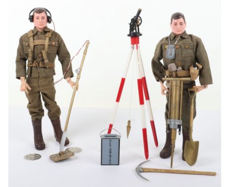 Vintage Action Man Construction Engineer, on a good used brown hair painted doll, Identity tag, with pick axe, shovel, detona