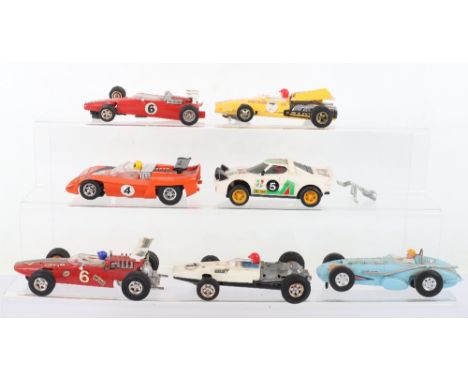 Seven Unboxed Scalextric Slot Cars, C-6 Panther (missing drivers head), C-9 Ferrari F1, C.013 Tiger,  C-36 Honda F1, missing 