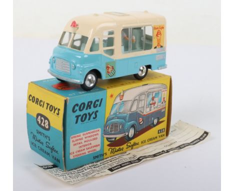Corgi Toys 428 Smith Mr Softee Ice Cream Van, cream/blue body, spun wheels, with ice cream salesman, model is in near mint or