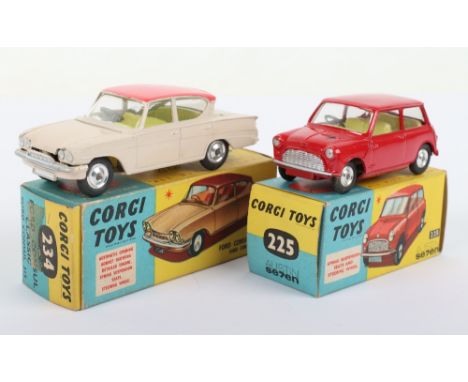 Two Boxed Corgi Toys, 225 Austin Seven Mini, red body, lemon interior, shaped spun wheel hubs, in good bright original condit