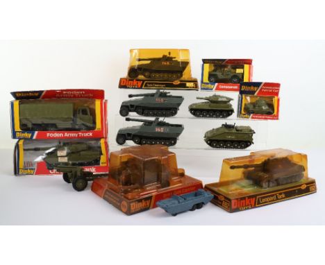 Dinky Toys Military Models, boxed:612 Command Jeep,619 Bren Gun Carrier with Anti-Tank Gun, 667 Armoured Patrol car,668 Foden