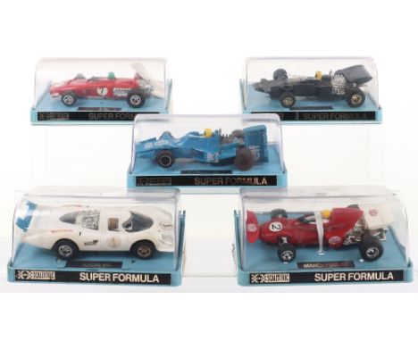 Five Boxed Vintage Scalextric Super Formula Slot Cars, C.025 Ferrari 312B-2, C.026 March Ford 721, C.046 Porsche 917, C.050 J