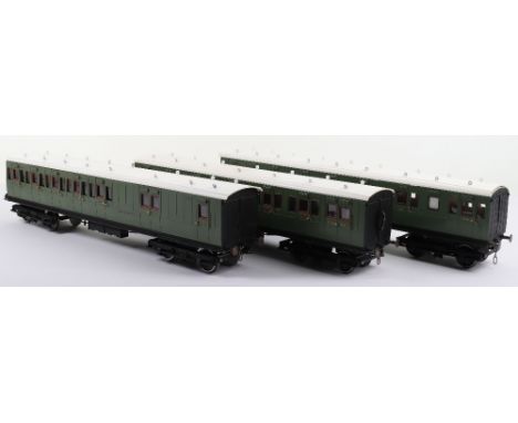 Three Northern Fine Scale gauge 1 Southern coaches, plastic bogie coaches, 1st/3rd 5388, 1st/3rd with Guards compartment 5612