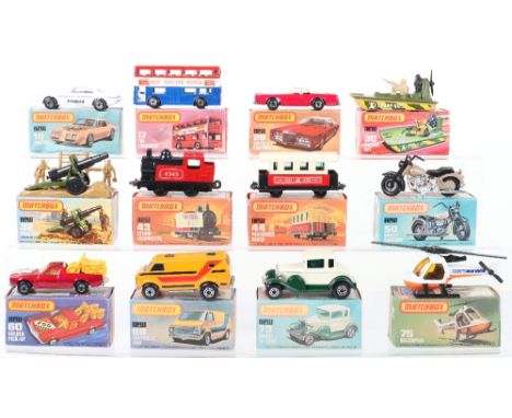 Twelve Boxed Matchbox Lesney Superfast Models, including:MB-16f Pontiac Firebird, white body, MB-17f Code 3 The Londoner bus 