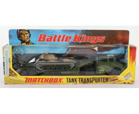 Matchbox Battlekings K-106 Tank Transporter, military green body, grey interior, with K-102 M48-A2 Tank camouflaged body, in 