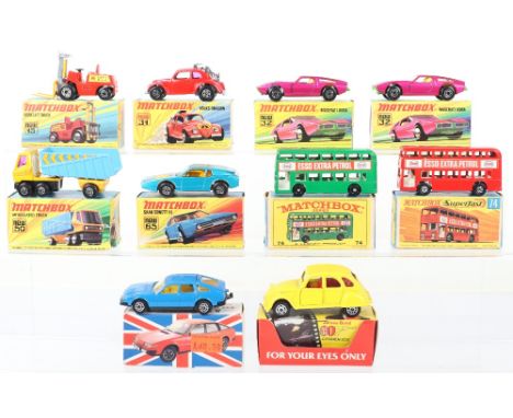 Seven Boxed Matchbox Lesney Superfast Models, including: MB-15e Fork Lift Truck,red body, yellow forks, MB-31d Volks-dragon, 