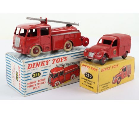 French Dinky Toys 32E Berliet First Aid Vehicle, red body, red ridged wheel hubs, silver ladder, two hose reels, in blue/whit