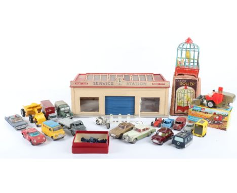 Dinky Toys Unboxed 785 Service Station, plastic building near complete, missing one window, unboxed Dinky Toys RCMP Cadillac,