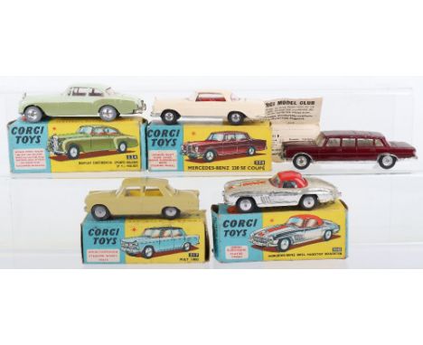 Four Boxed Vintage Corgi Toys Cars, including: 217 Fiat 1800,mustard yellow body, bright yellow interior, 230 Mercedes Benz 2