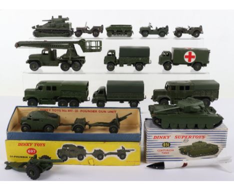 Quantity of Military Dinky Toys including: unboxed 151a Medium Tank, with tracks, 153a Jeep (missing windscreen) 162a Light D