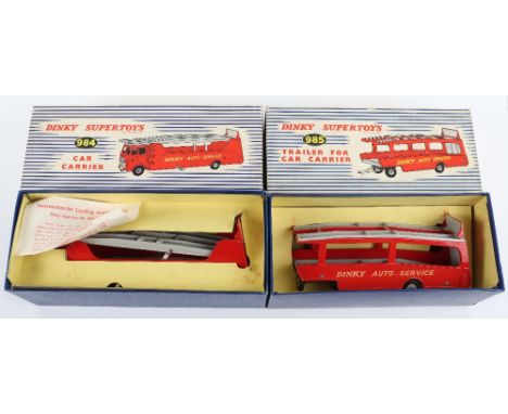 Dinky Supertoys Boxed 984 Car Carrier and 985 Trailer, car carrier &amp; trailer, red/grey body ‘Dinky Auto Service’ both mod